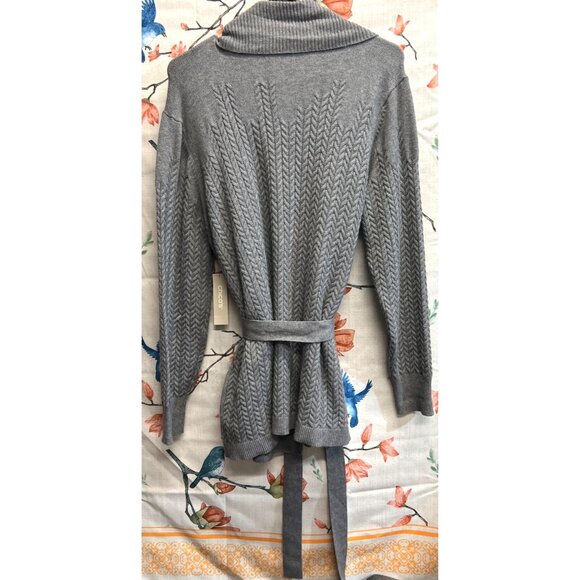 Chicos Gray Open Front Cardigan Sweater Sz 2 (Large) Rayon Nylon Blend with Belt - Picture 2 of 4